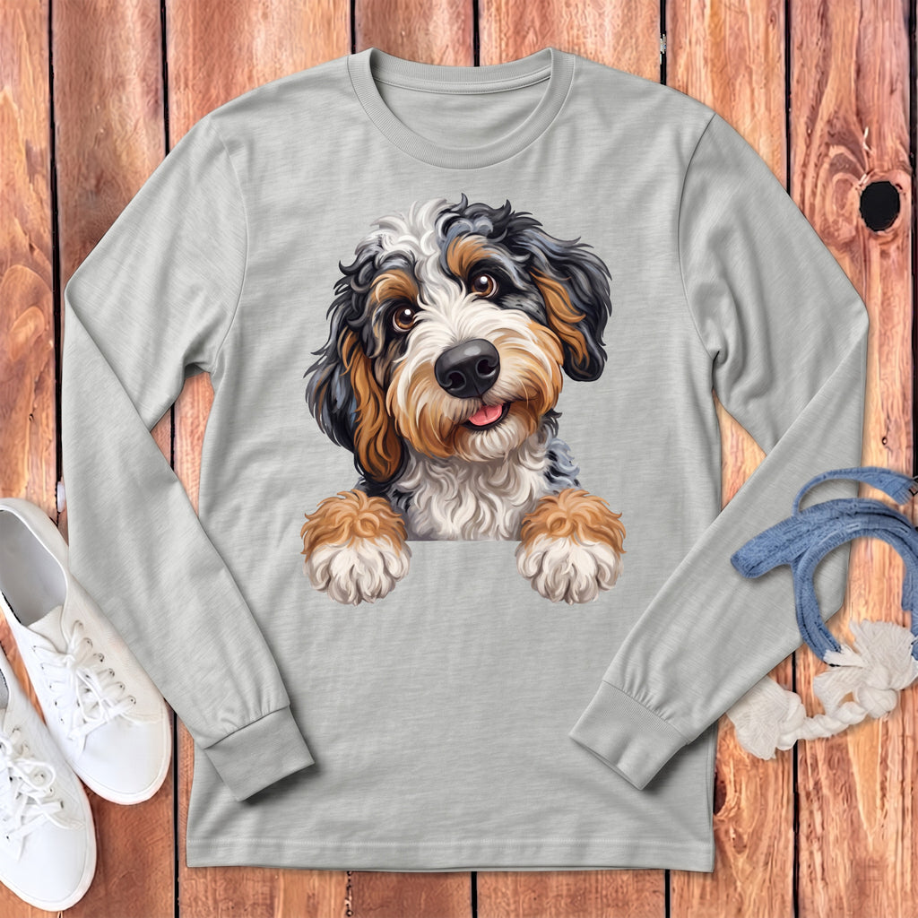 Bernedoodle dog artwork on light gray long-sleeve t-shirt with white sneakers