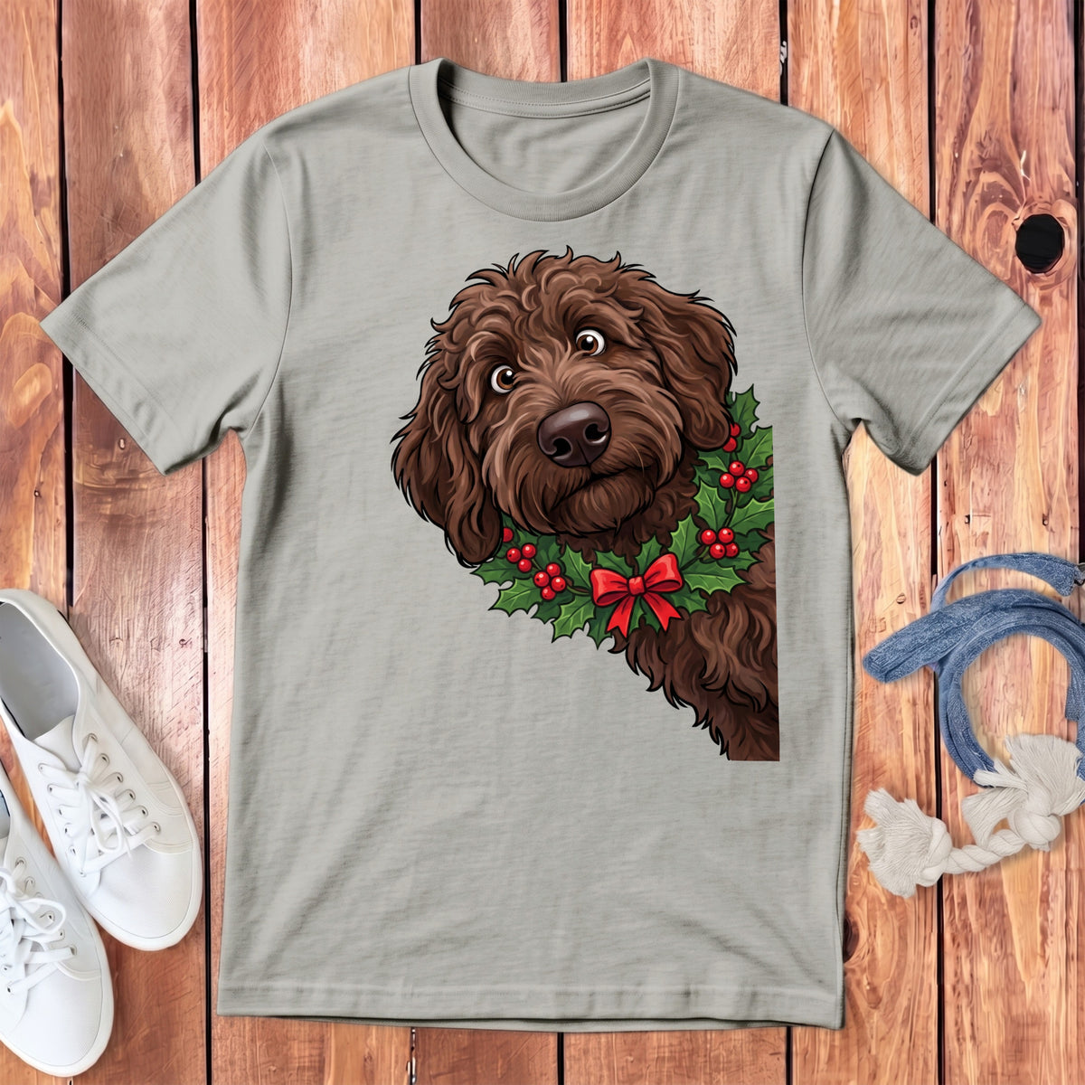 Brown dog with Christmas holly wreath and red bow on grey t-shirt.