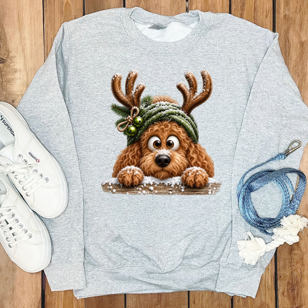 Light grey sweatshirt with cartoon reindeer dog graphic and Christmas bells.