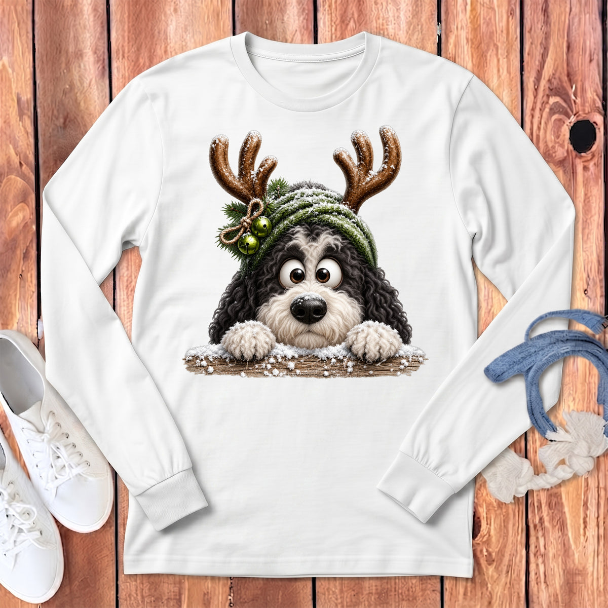 Cute dog wearing reindeer antlers and a hat with bells and snow.
