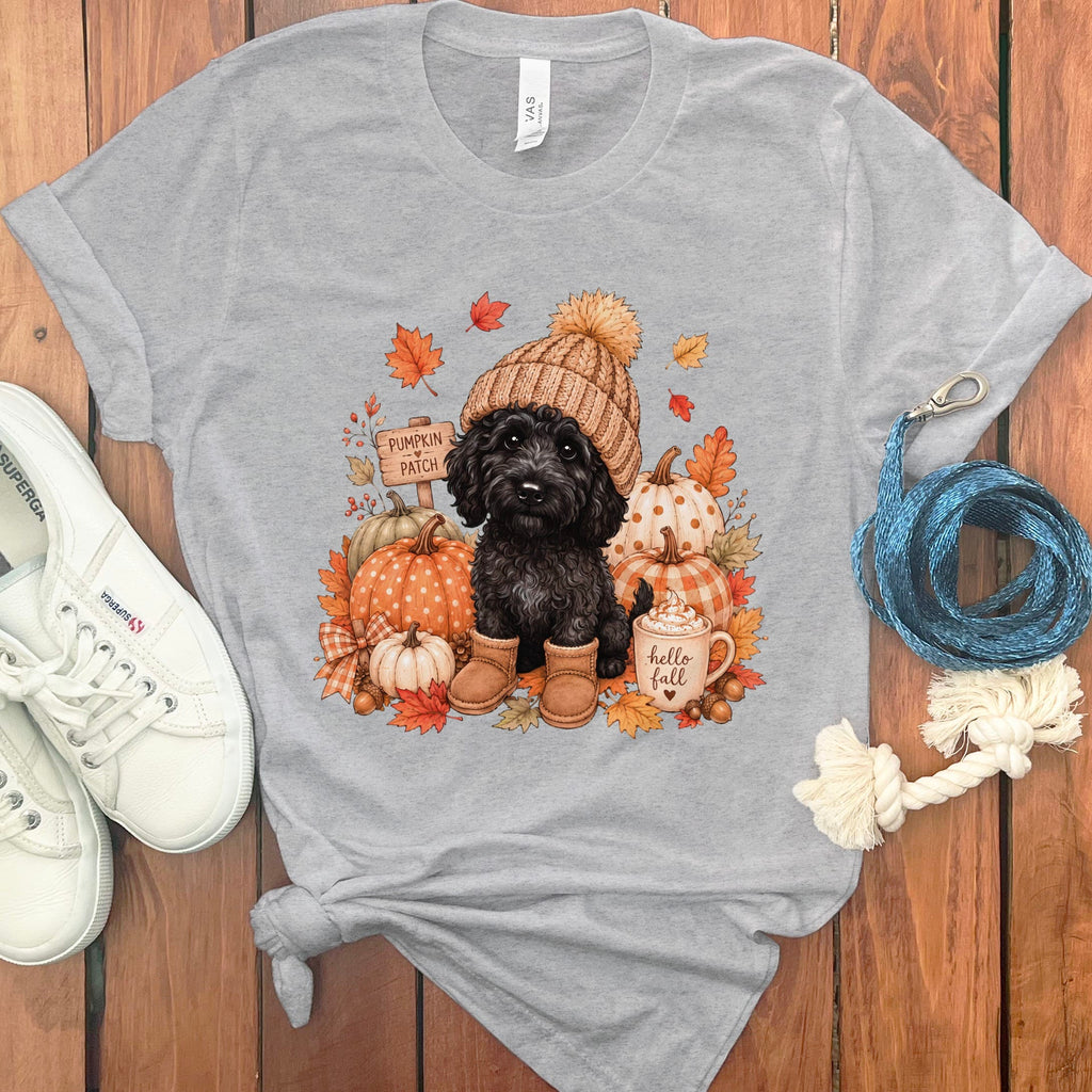 Black Goldendoodle Pumpkin Patch T-Shirt in Athletic Heather / S by Puppy Jo