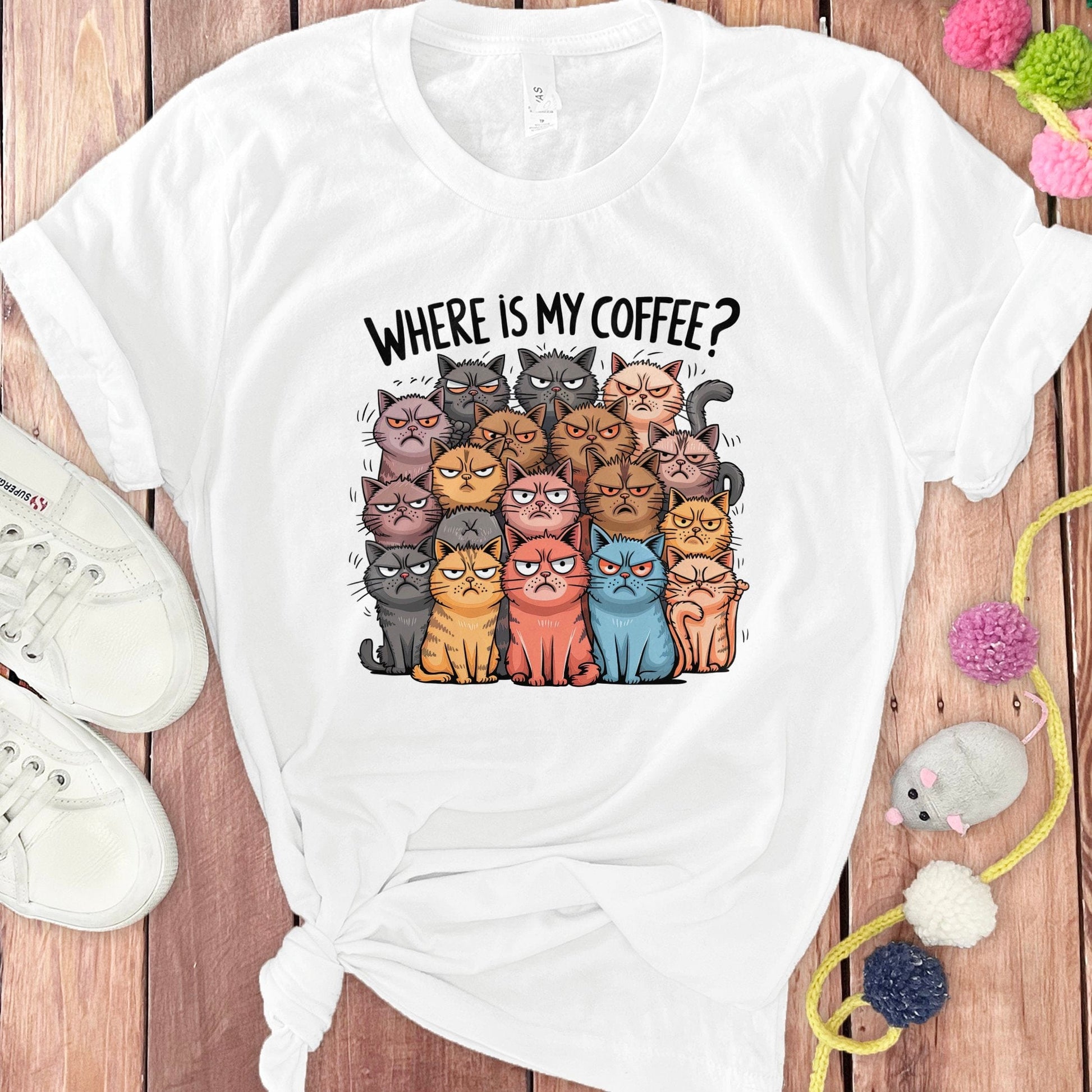 Where is My Coffee Cat Design White T-Shirt product type