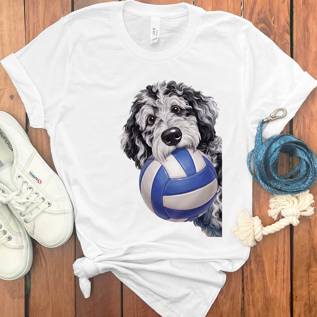Merle Goldendoodle Volleyball T-Shirt in White / S by Puppy Jo