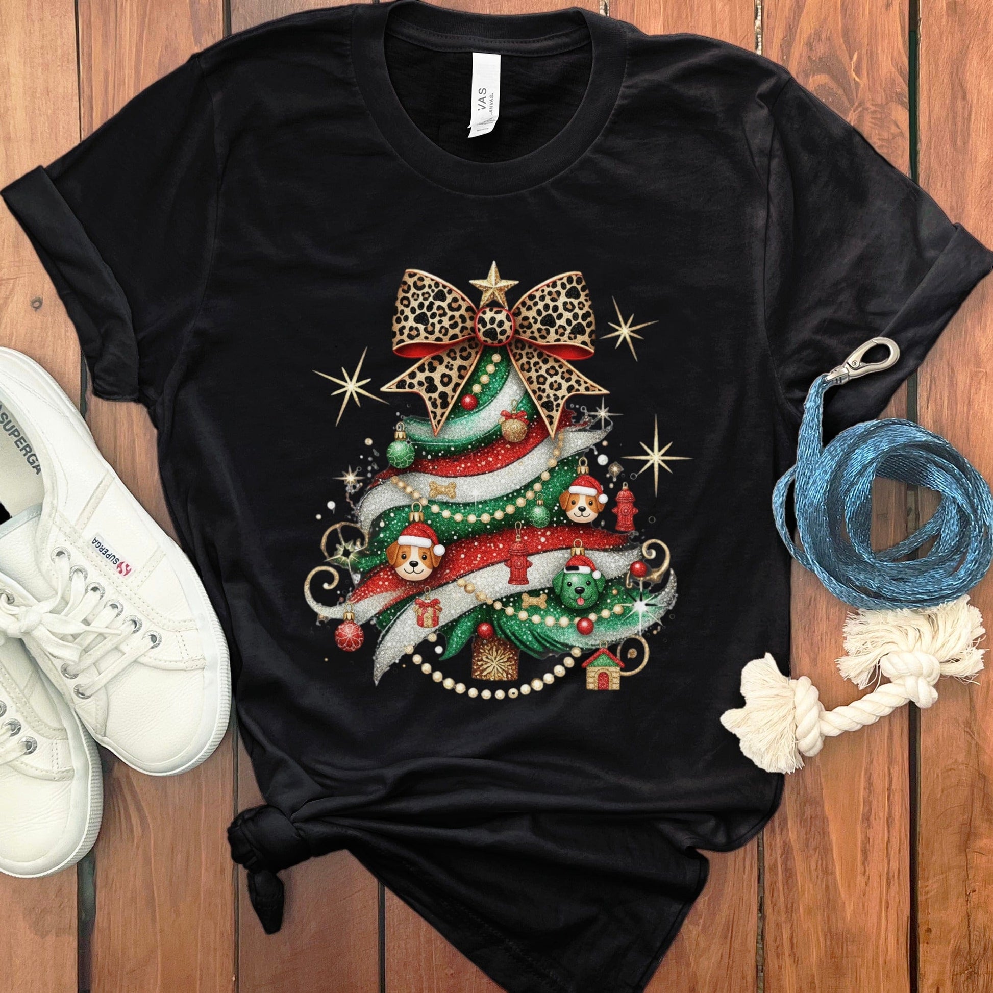 Festive Christmas Tree and Leopard Print Bow T-shirt product