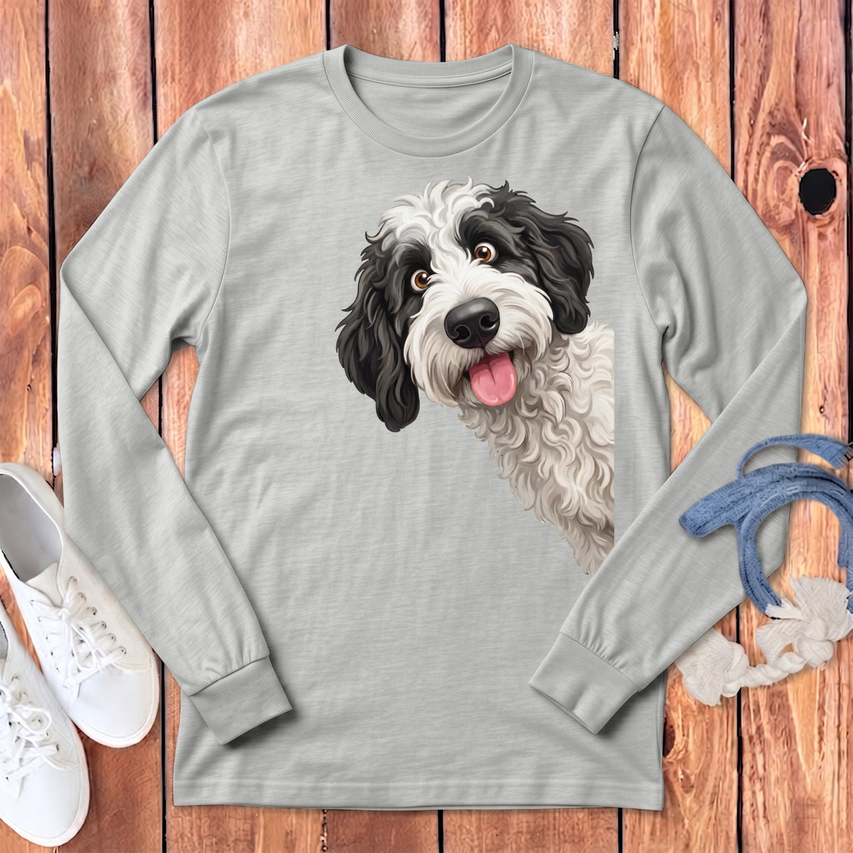 Light grey long-sleeved t-shirt with a black and white dog illustration.