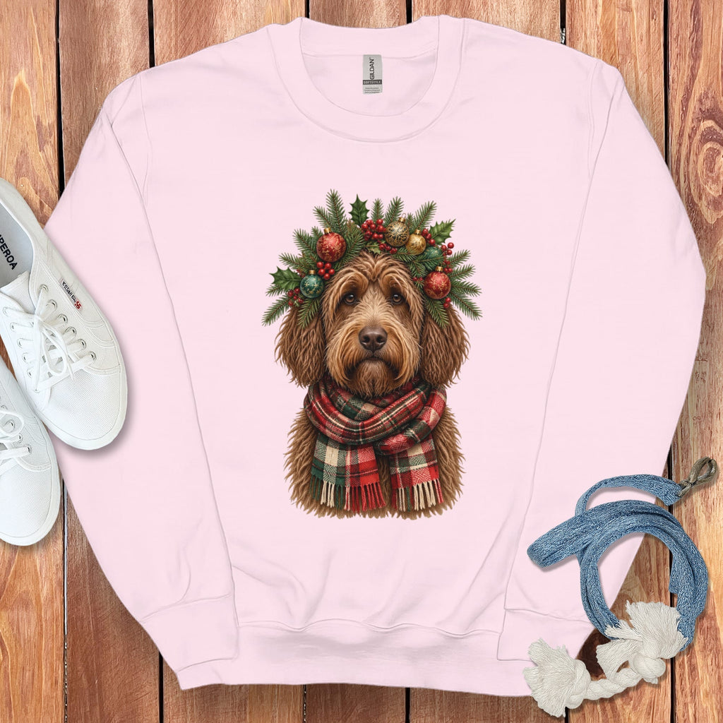 Chocolate Goldendoodle Holiday Crown Sweatshirt in Light Pink / S by Puppy Jo