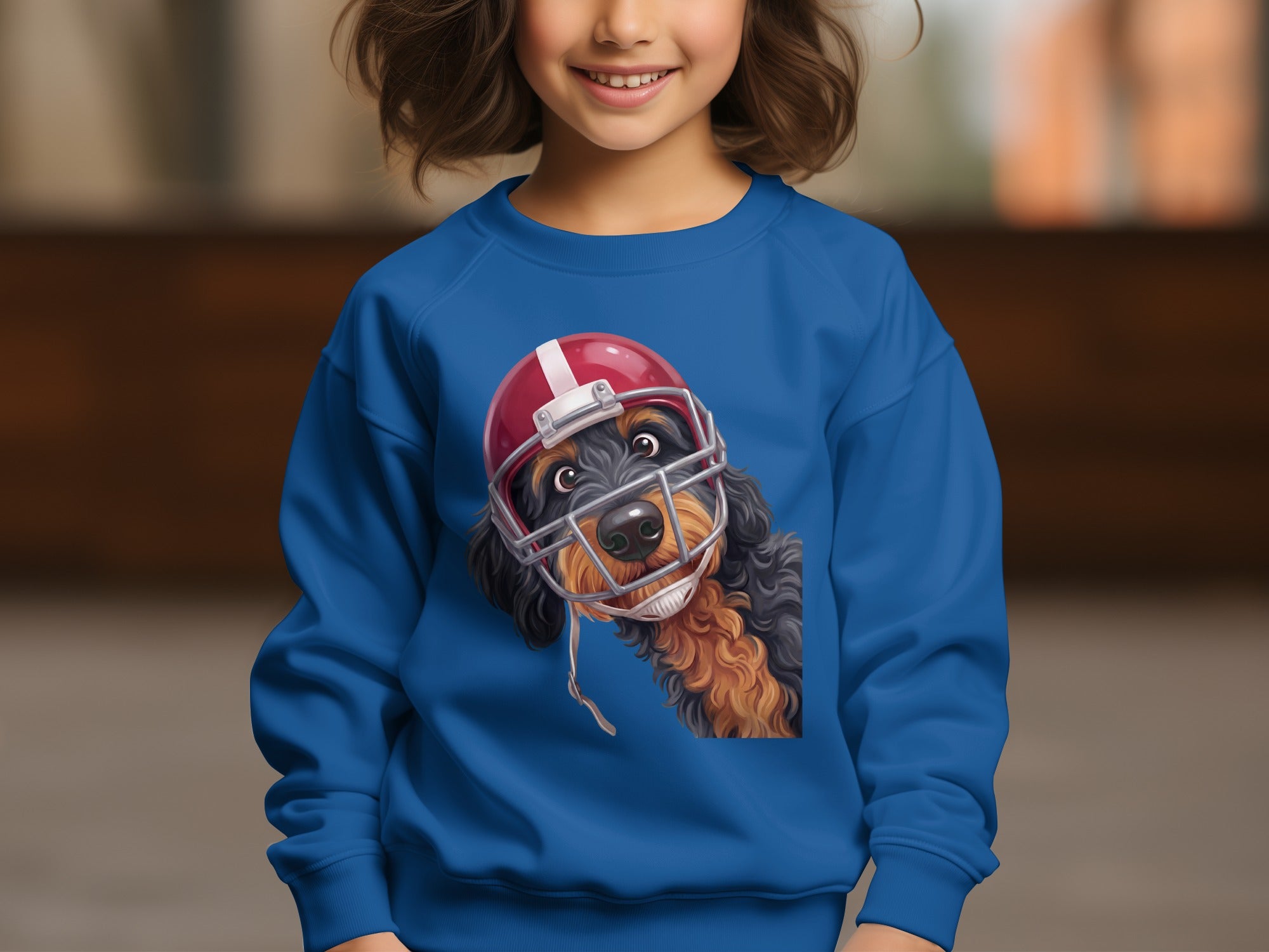 A dog wearing a red football helmet peeks out from a blue sweatshirt.