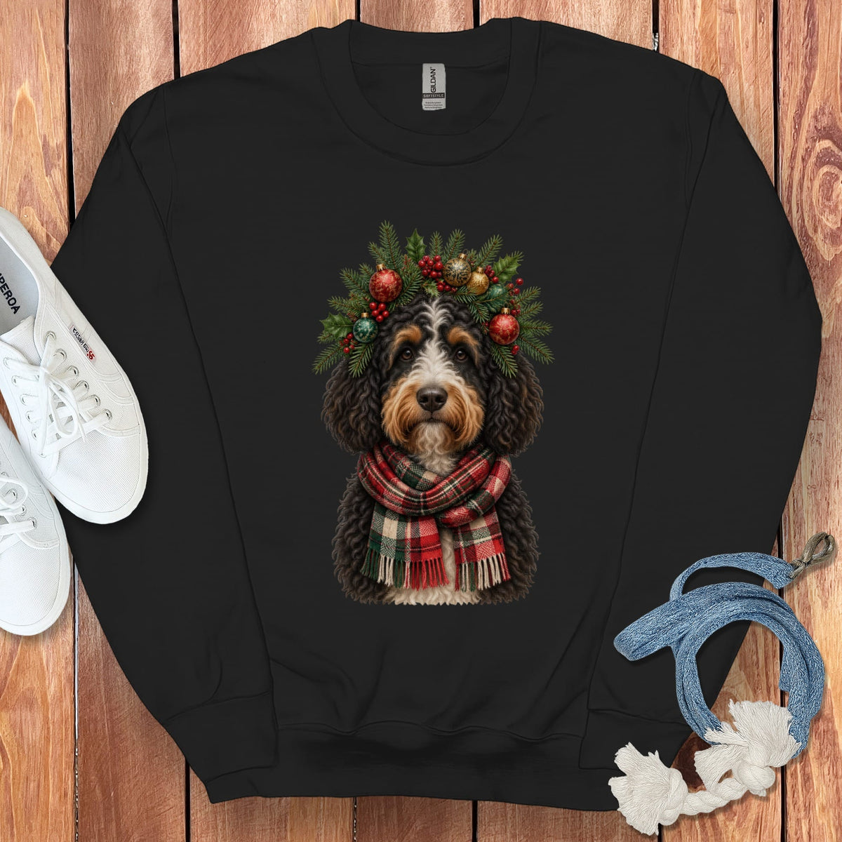 Bernedoodle Holiday Crown Sweatshirt in Black / S by Puppy Jo