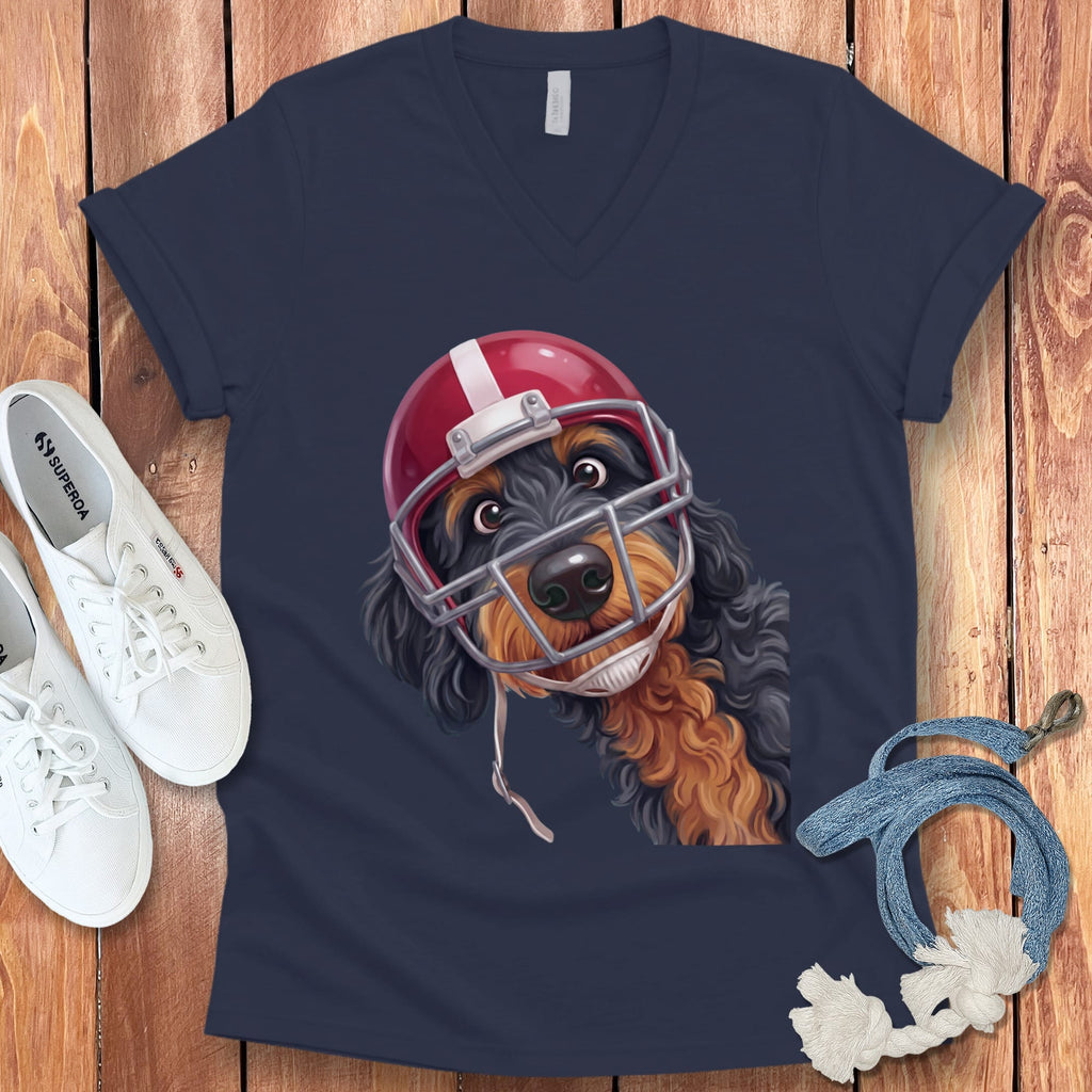Phantom Goldendoodle Football Helmet V-Neck T-Shirt in Navy / S by Puppy Jo
