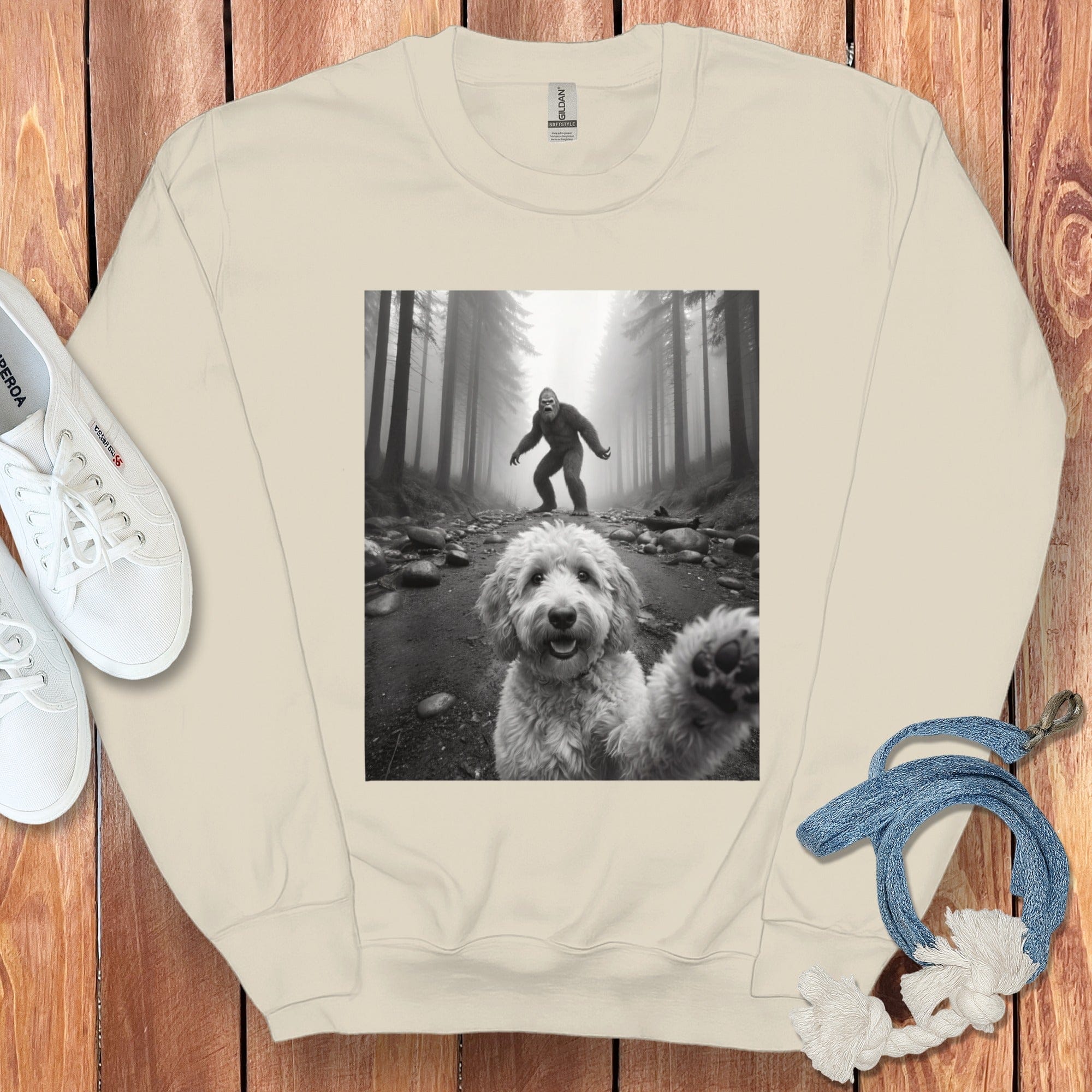 Bigfoot in Forest with Dog Graphic Print Top