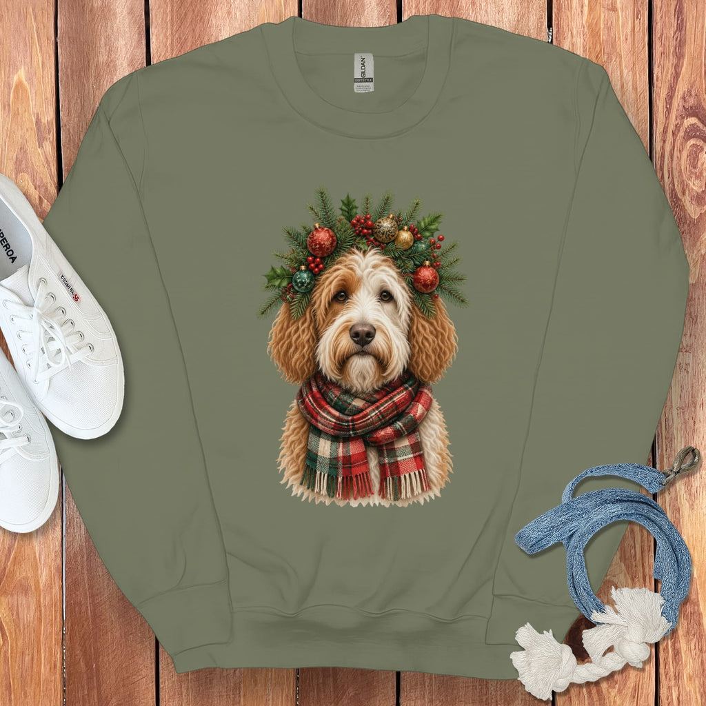 Parti Goldendoodle Holiday Crown Sweatshirt in Military Green / S by Puppy Jo