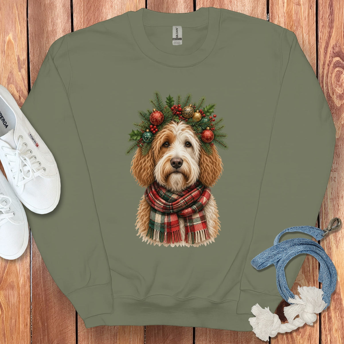 Parti Goldendoodle Holiday Crown Sweatshirt in Military Green / S by Puppy Jo