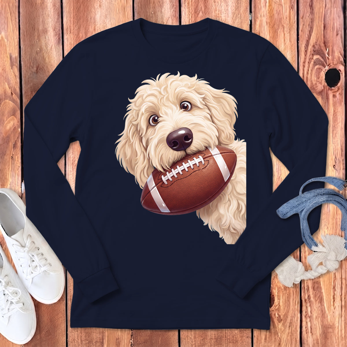 Fluffy dog with a football in its mouth on a navy long-sleeve shirt.