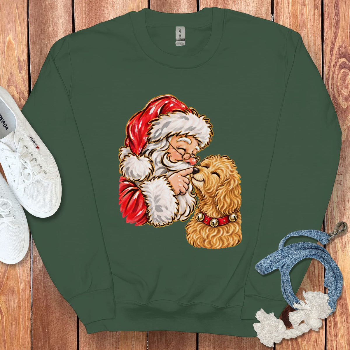 Golden Goldendoodle Santa Kiss Sweatshirt in Forest Green / S by Puppy Jo