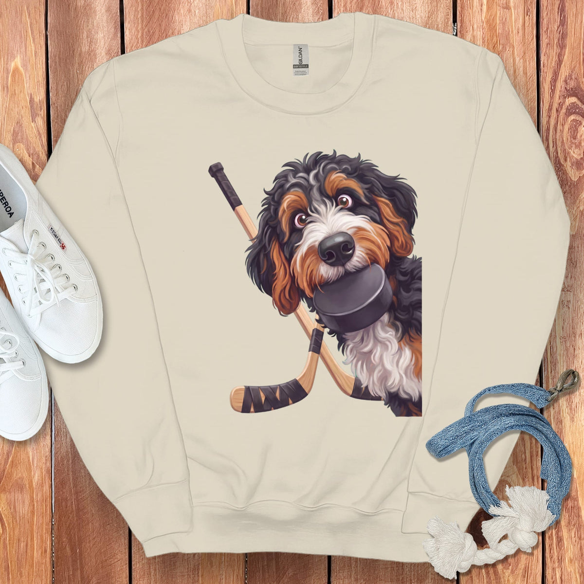 Bernedoodle Hockey Sweatshirt in Sand / S by Puppy Jo