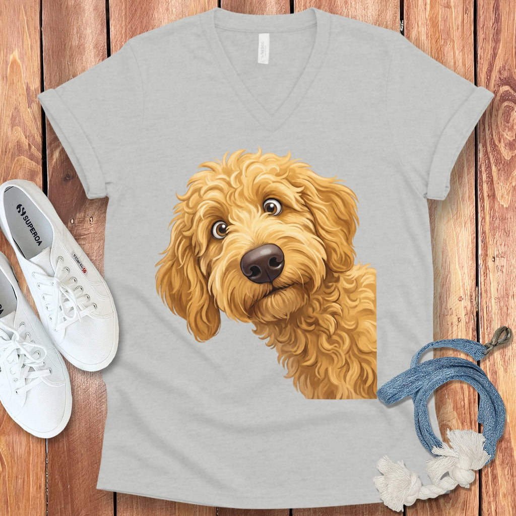 Funny Peeking Golden Goldendoodle V-Neck T-Shirt in Athletic Heather / S by Puppy Jo