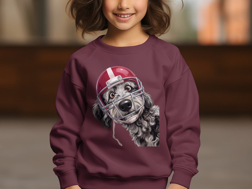 Maroon sweatshirt with a black and white dog wearing a football helmet graphic.
