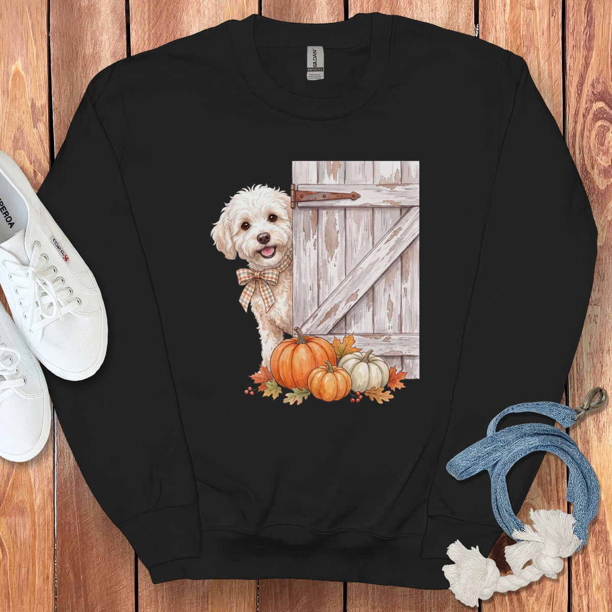 Maltipoo Barn Peeking Sweatshirt in Black / S by Puppy Jo