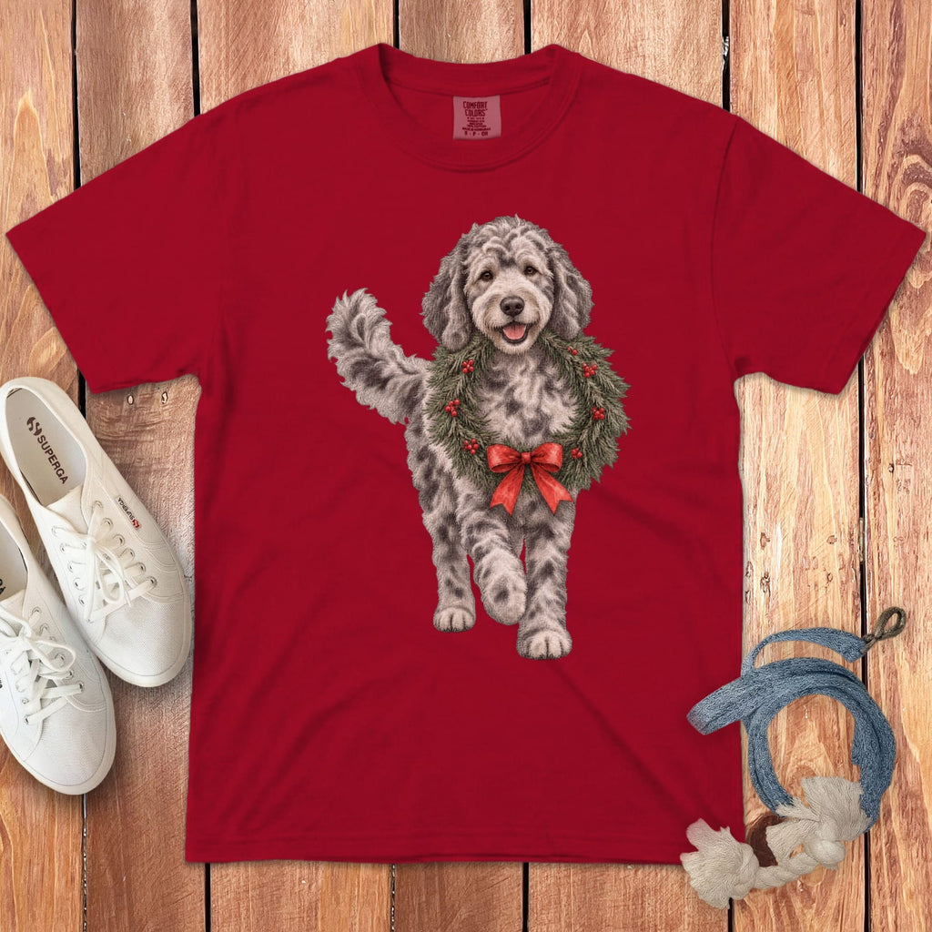 Merle Goldendoodle Wreath Signature T-Shirt in Red / S by Puppy Jo