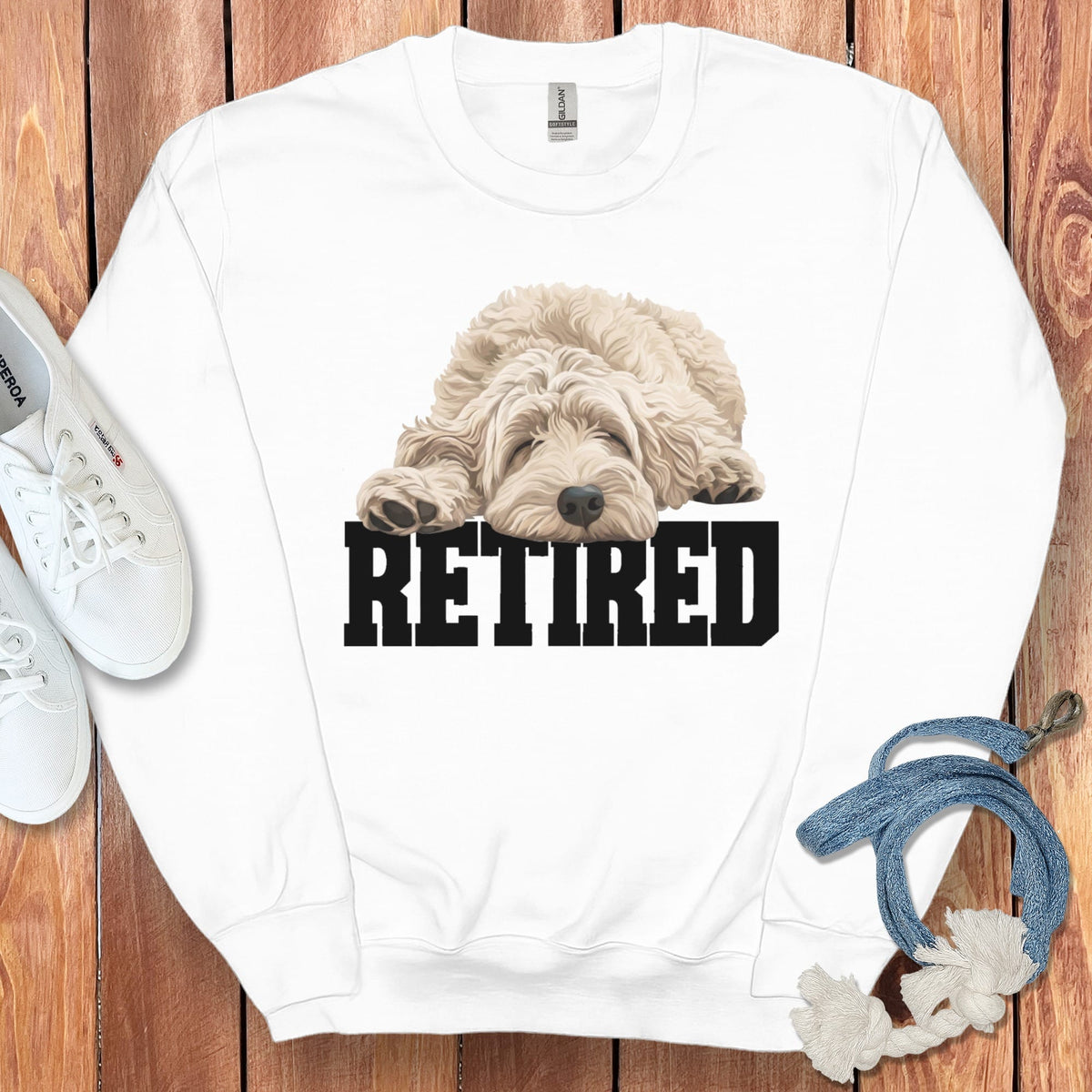 Retired Sleeping Cream Goldendoodle Sweatshirt in White / S by Puppy Jo