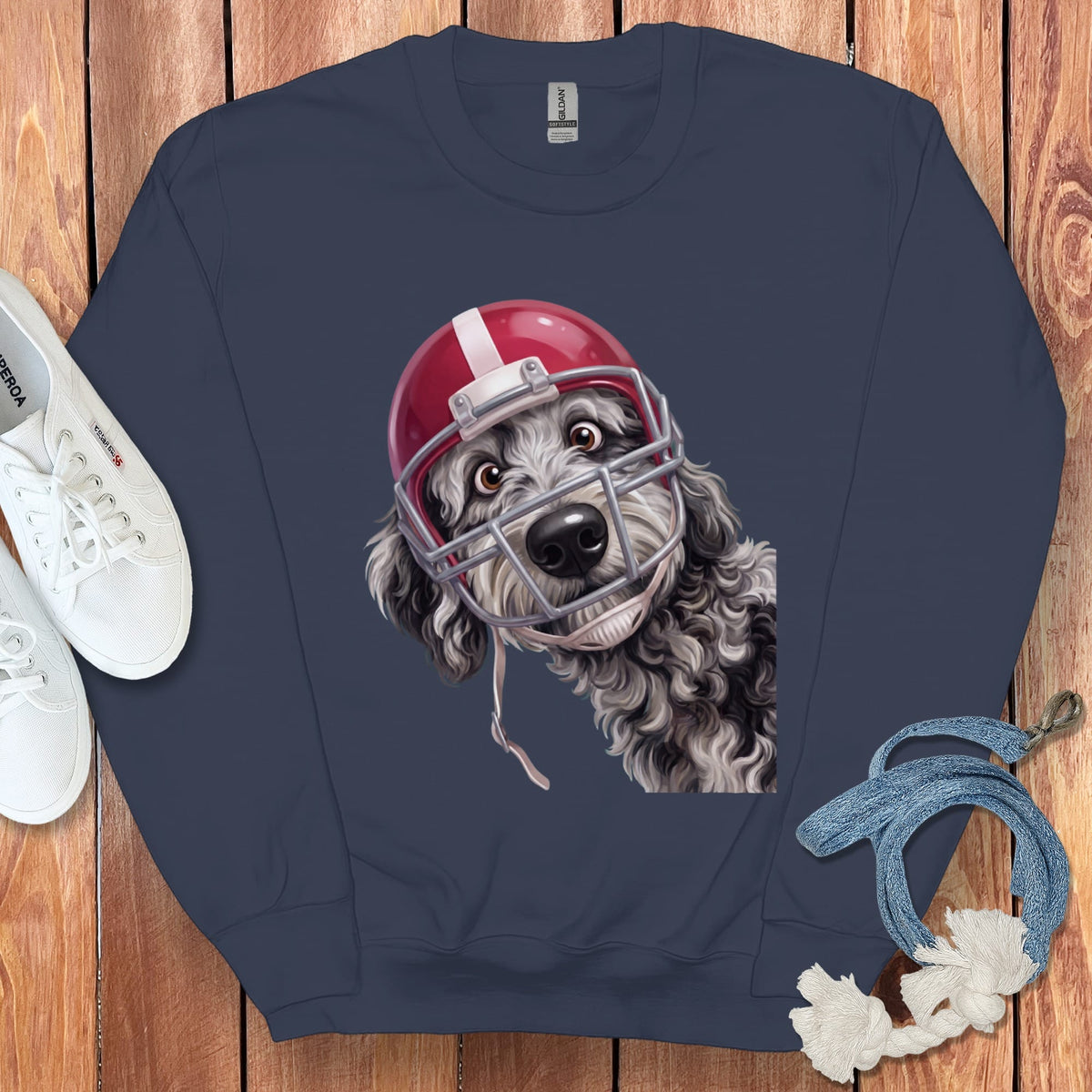 Merle Goldendoodle Football Helmet Sweatshirt in Navy / S by Puppy Jo