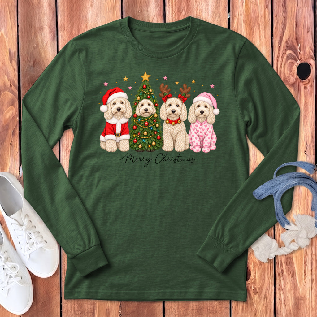 Dark green long-sleeve t-shirt featuring a Christmas graphic of four doodle dogs, a decorated tree, and Merry Christmas text.