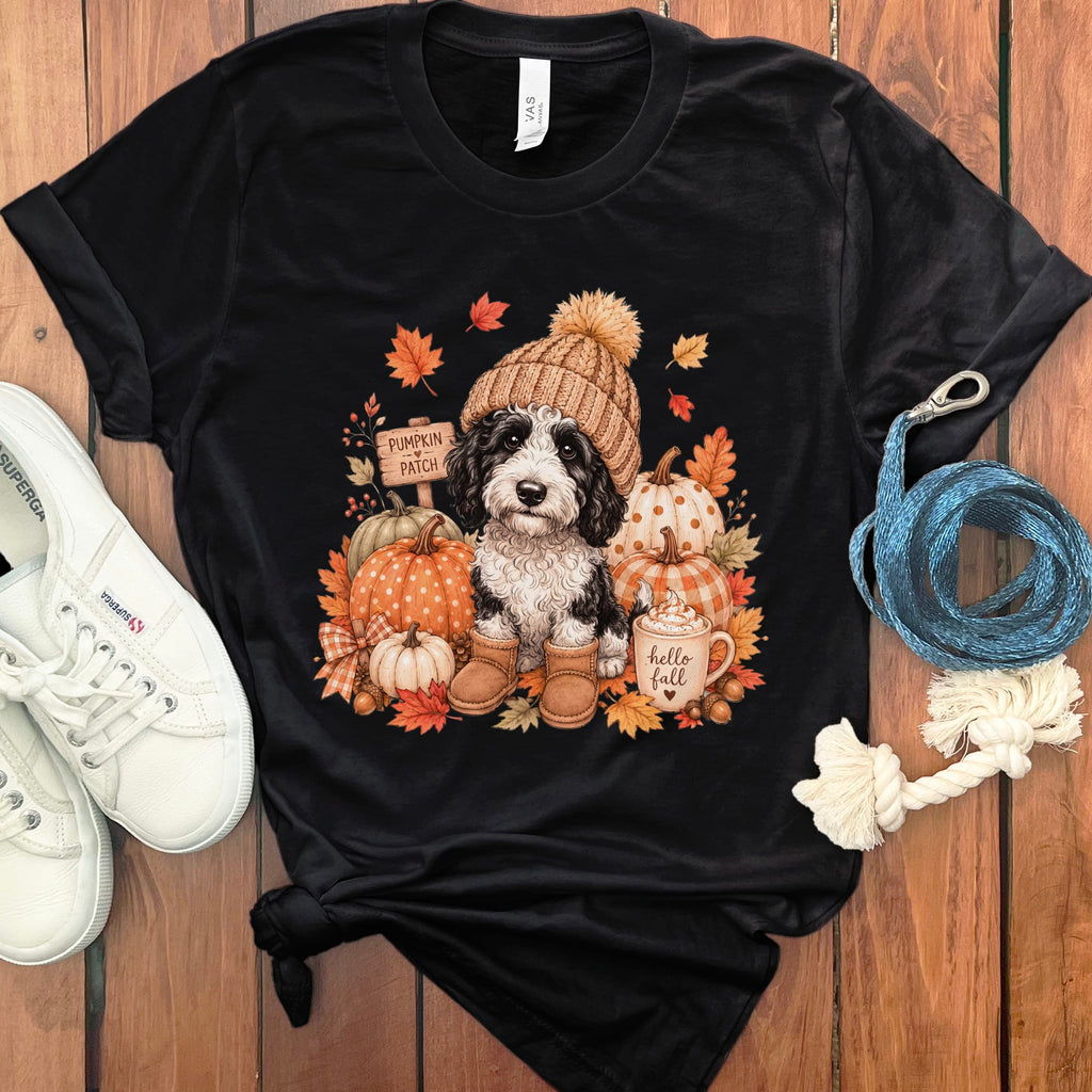 Sheepadoodle Pumpkin Patch T-Shirt in Black / S by Puppy Jo