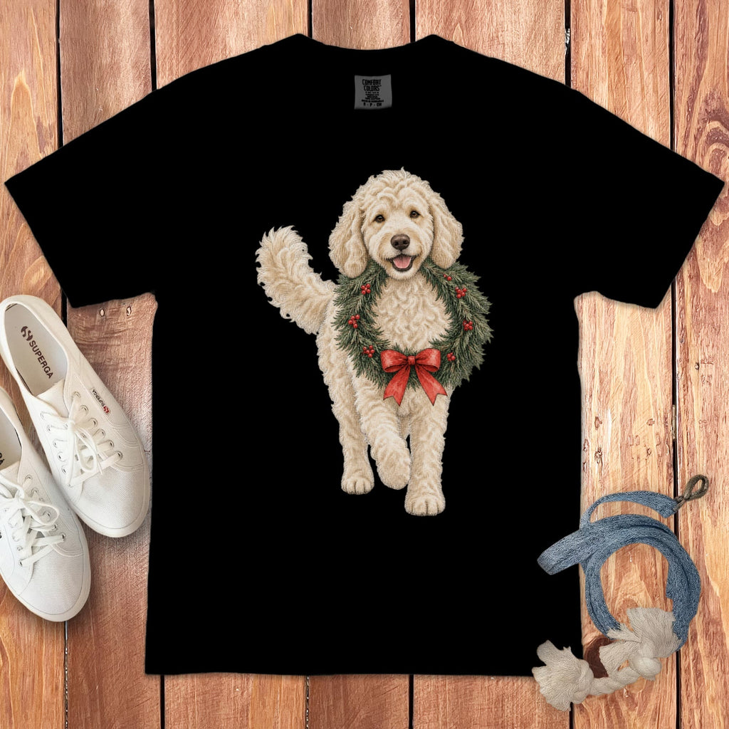 Cream Goldendoodle Wreath Signature T-Shirt in Black / S by Puppy Jo
