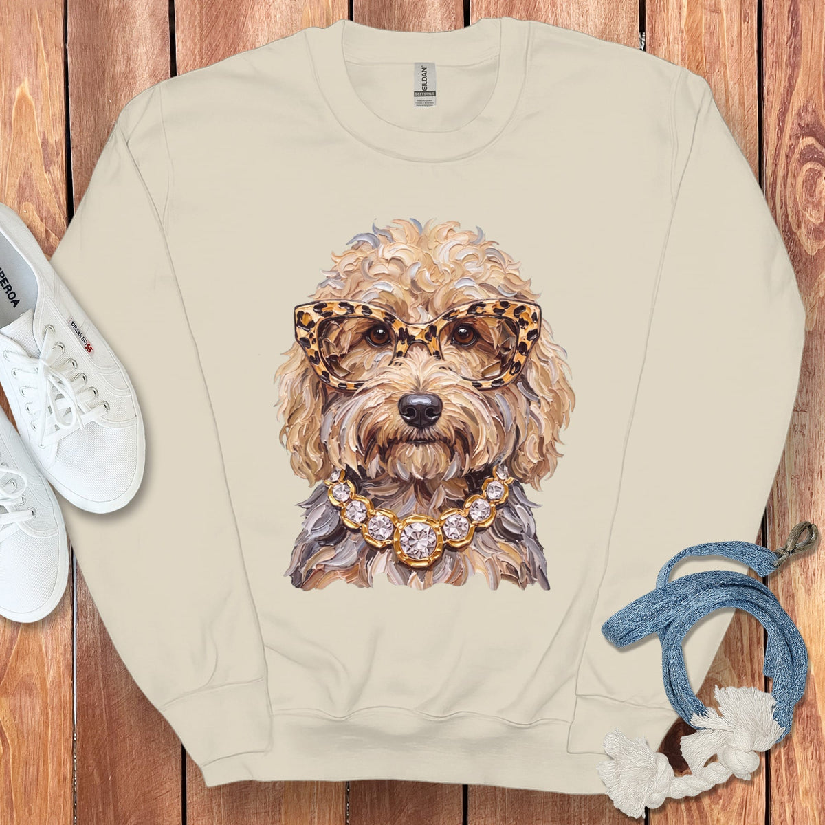 Cream Goldendoodle Glam Sweatshirt in Sand / S by Puppy Jo