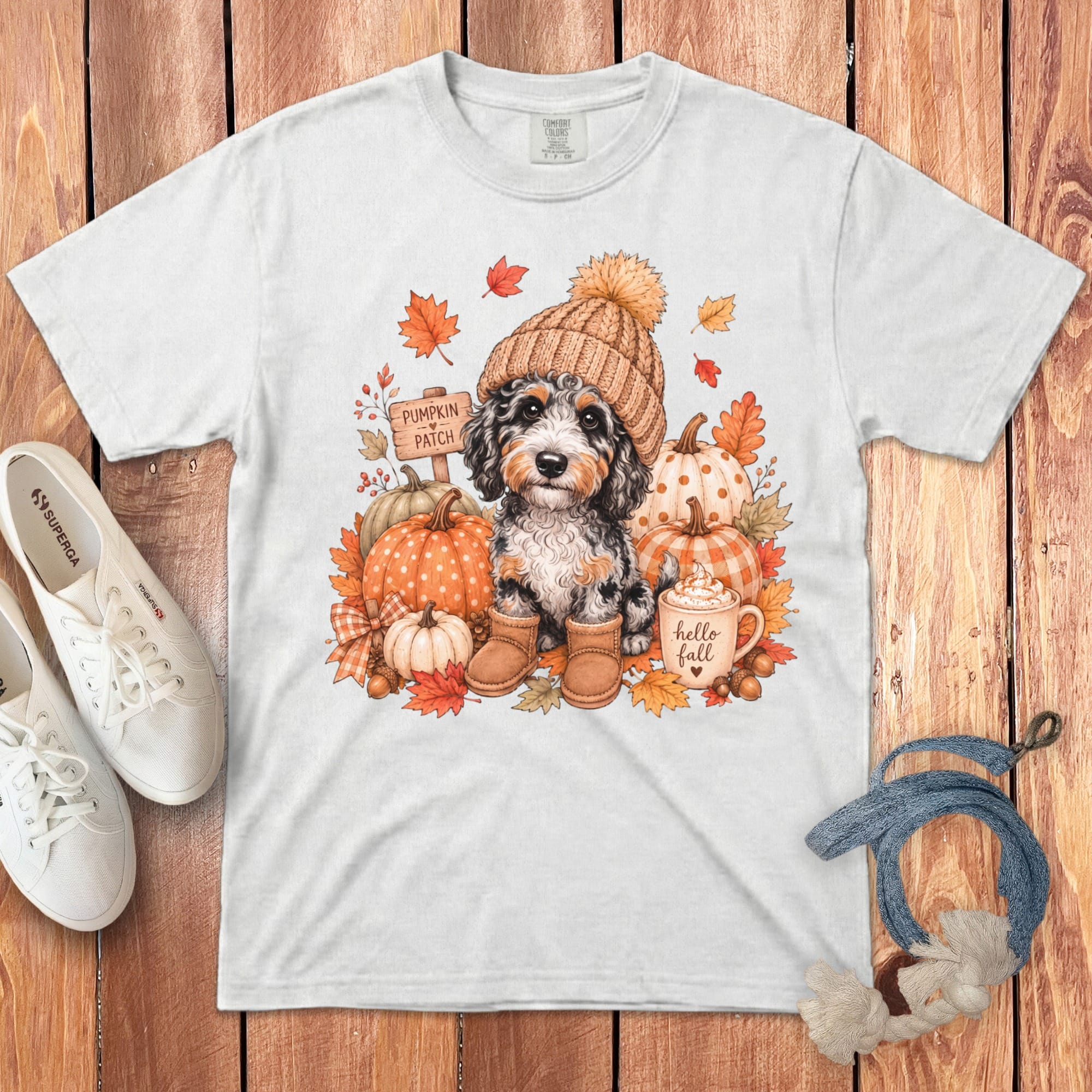 Aussiedoodle Pumpkin Patch Signature T-Shirt in White / S by Puppy Jo