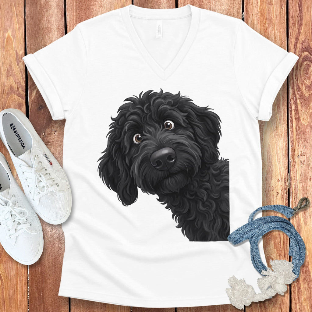 Funny Peeking Black Goldendoodle V-Neck T-Shirt in White / S by Puppy Jo