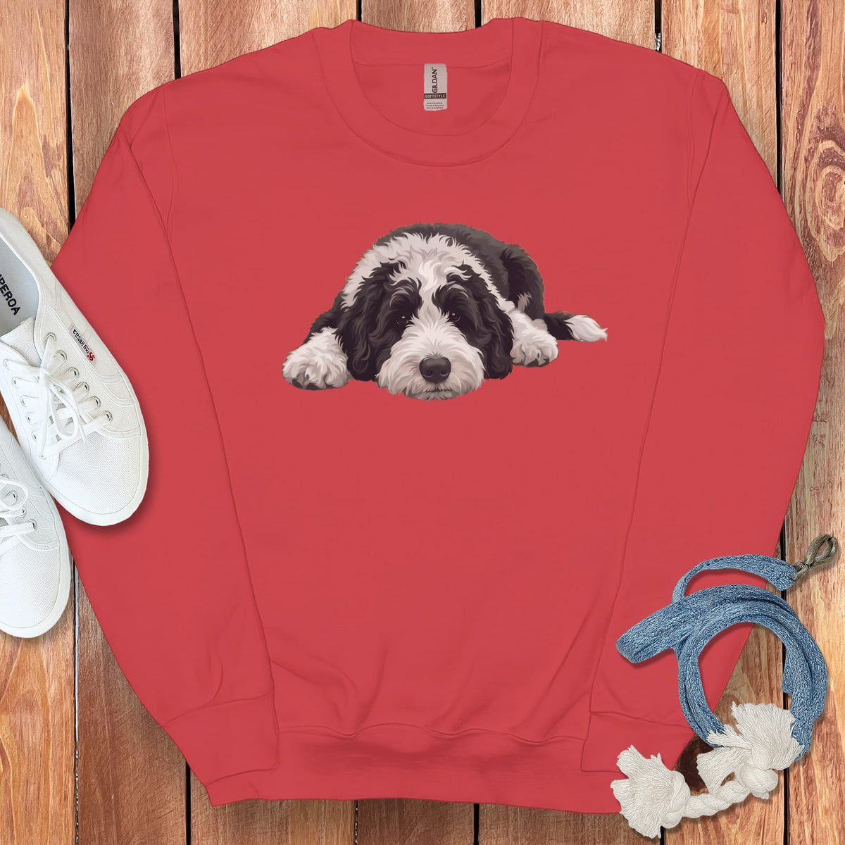Sheepadoodle Snoozing Sweatshirt in Red / S by Puppy Jo