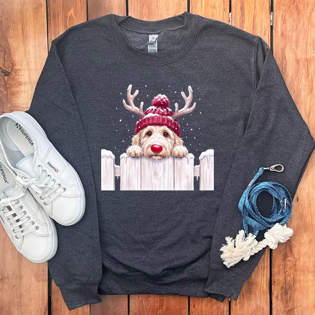 Dark gray sweatshirt with a Christmas dog graphic wearing a red hat and antlers.