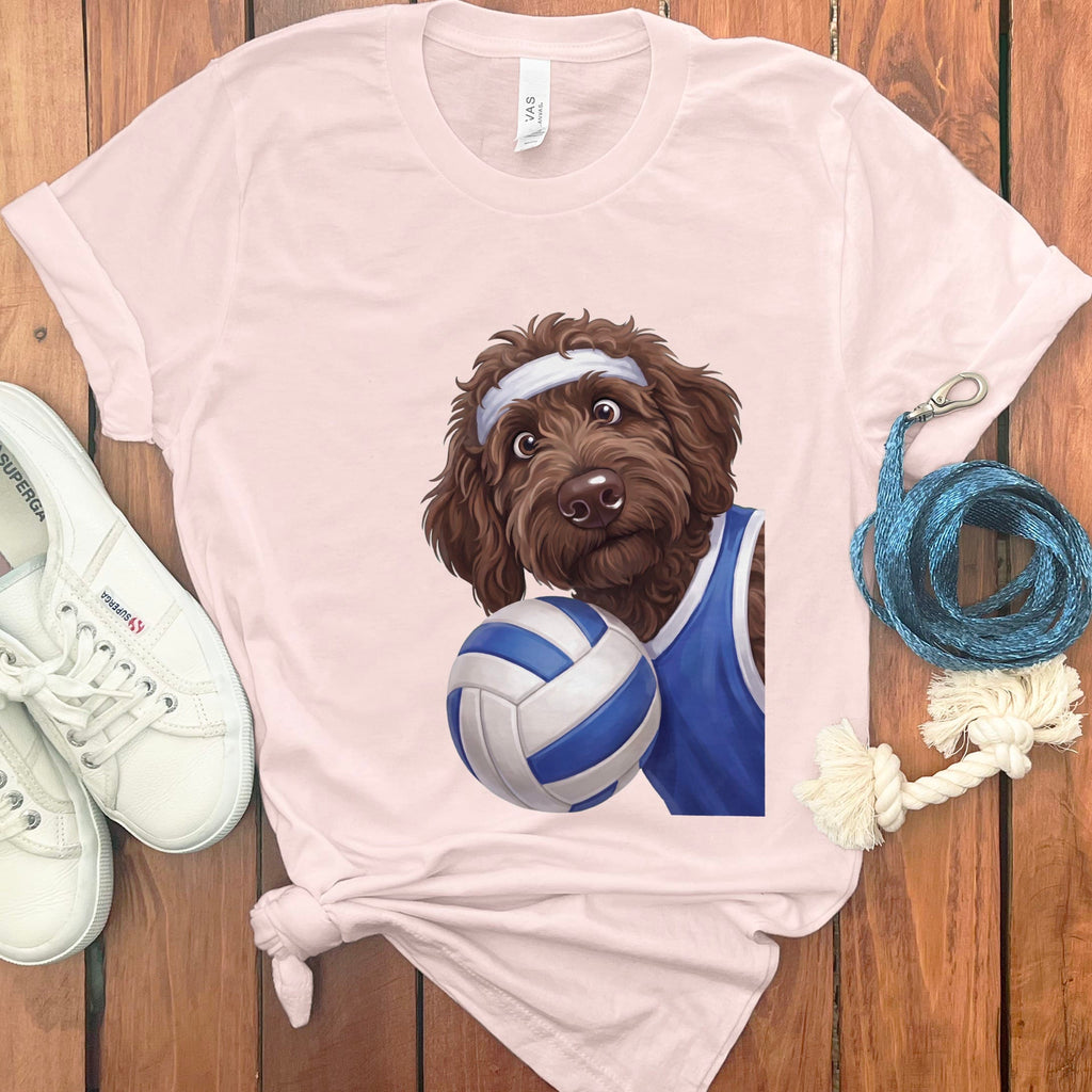 Chocolate Goldendoodle Volleyball Player T-Shirt in Soft Pink / S by Puppy Jo