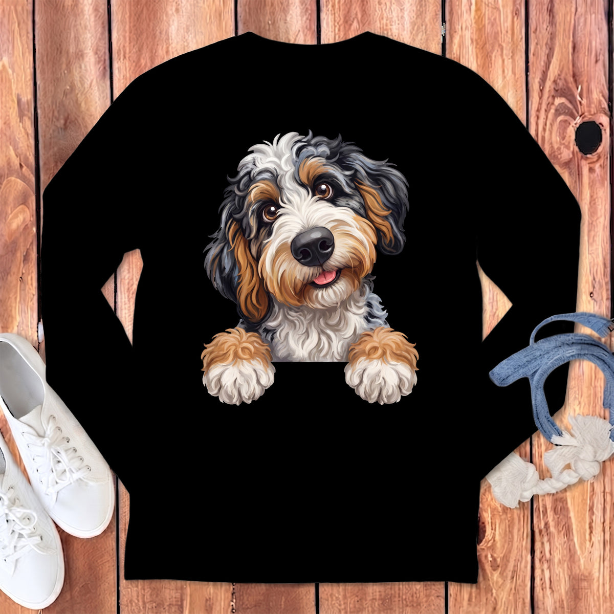 Black long sleeve shirt with a printed image of a Bernedoodle puppy peeking over the collar.