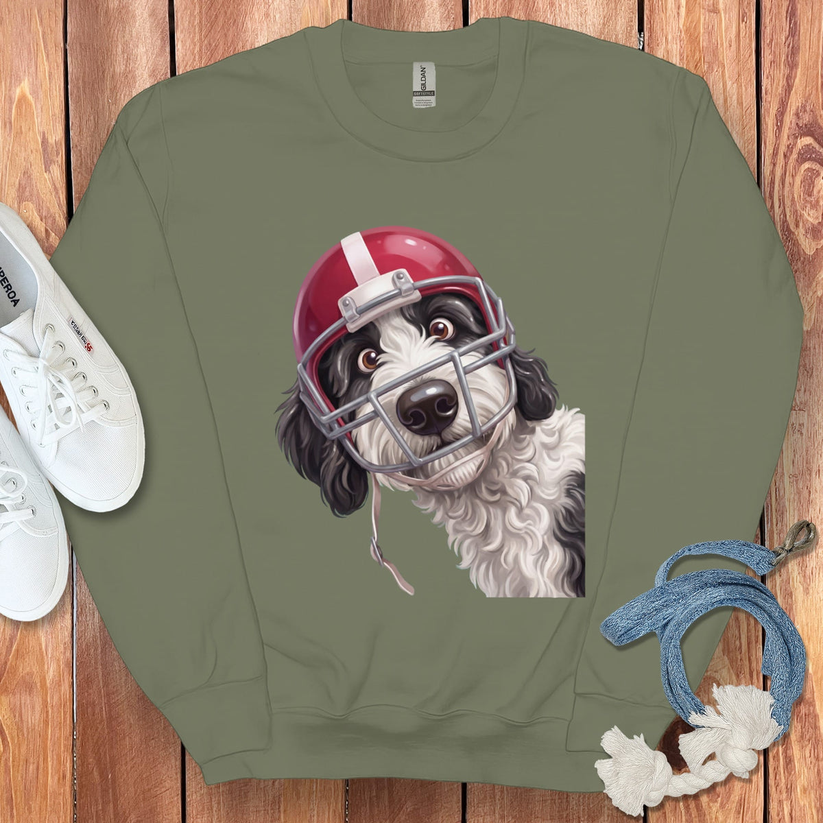 Sheepadoodle Football Helmet Sweatshirt in Military Green / S by Puppy Jo