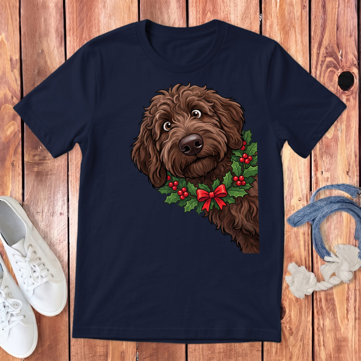 Navy t-shirt with a doodle dog wearing a Christmas holly wreath and bow.