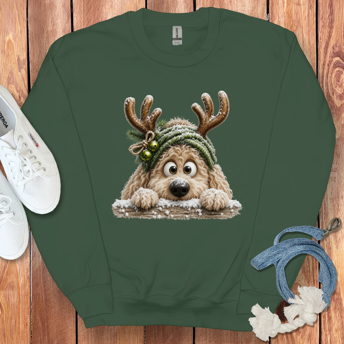 Green sweatshirt with a Christmas dog graphic and white sneakers.