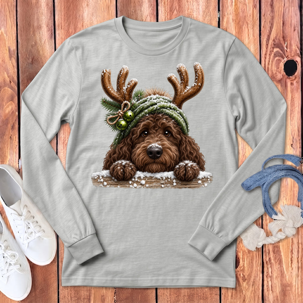 Light grey long sleeve shirt with a brown dog wearing antlers and a green hat.