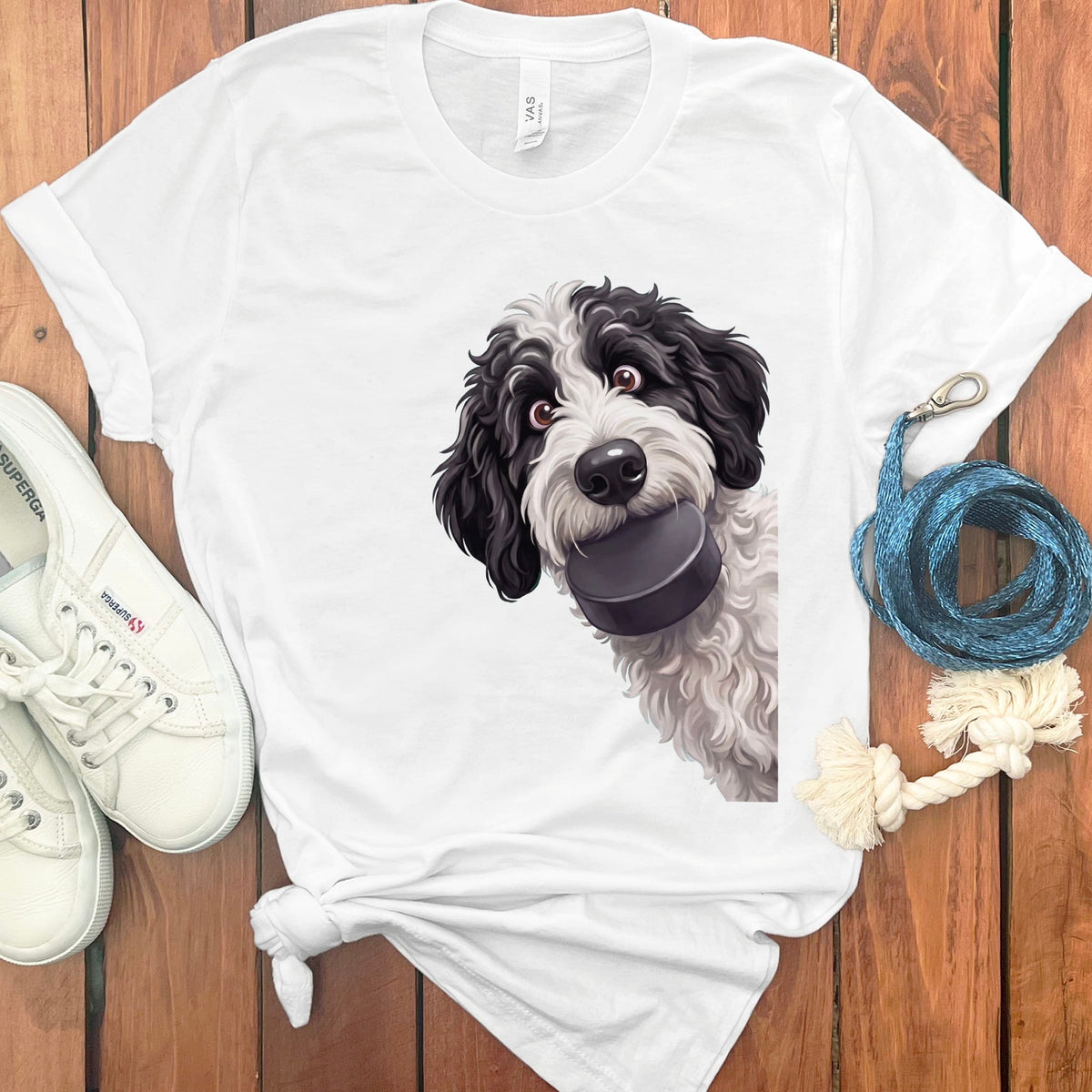 Sheepadoodle Hockey Puck T-Shirt in White / S by Puppy Jo