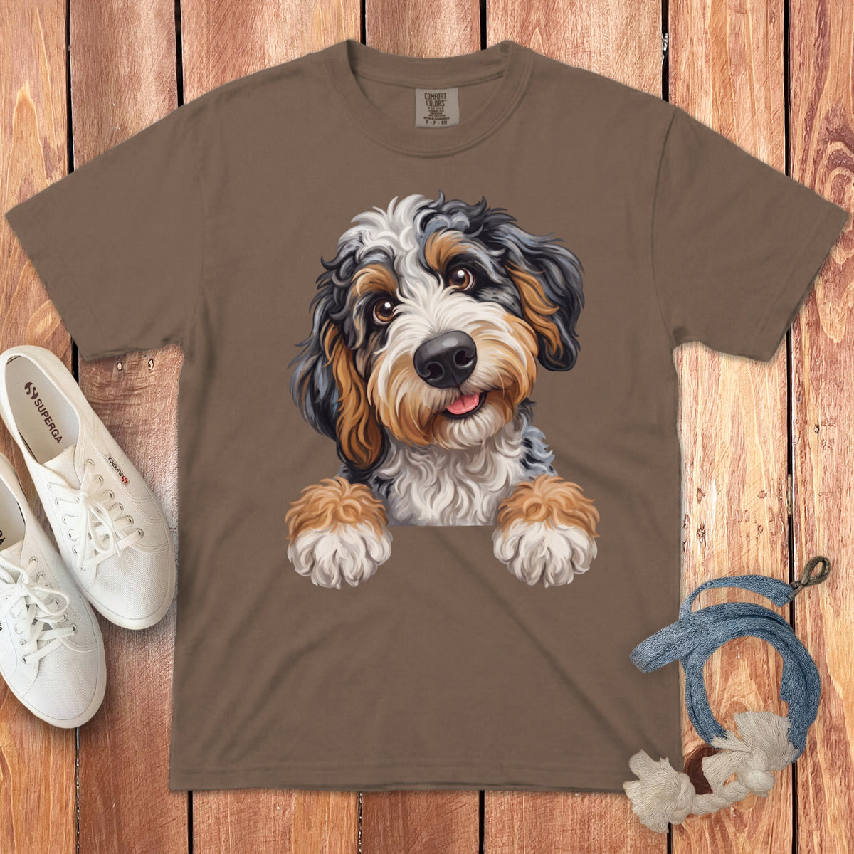 Brown t-shirt with a printed Bernedoodle dog peeking over the collar.