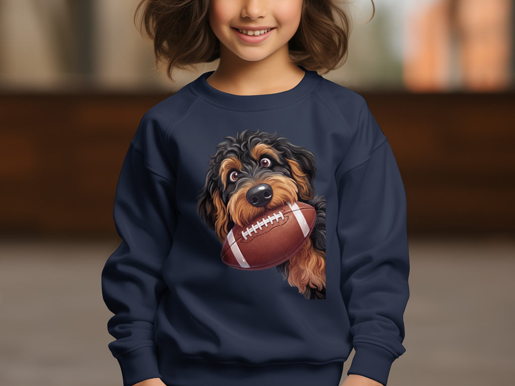 Dark blue sweatshirt with a printed image of a dog holding a football.