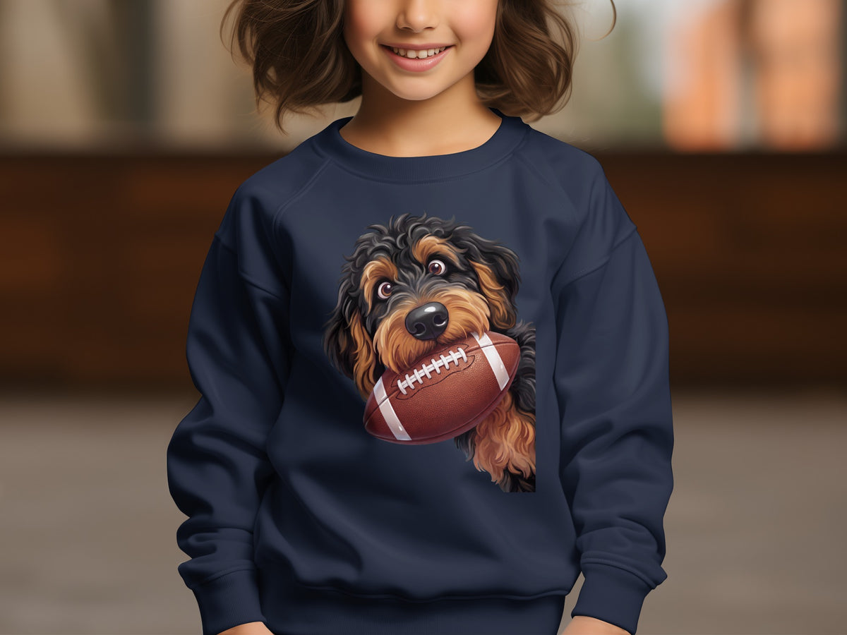 Dark blue sweatshirt with a printed image of a dog holding a football.