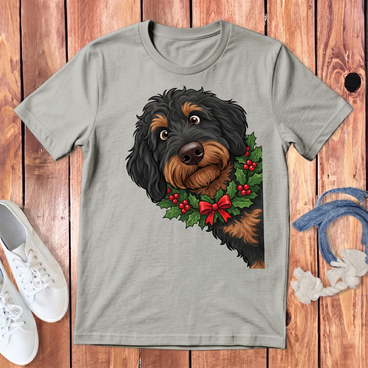 Light grey t-shirt with a cartoon dog wearing a holly wreath and red bow.
