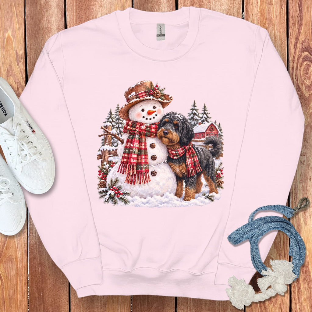 Phantom Goldendoodle Christmas Snowman Sweatshirt in Light Pink / S by Puppy Jo