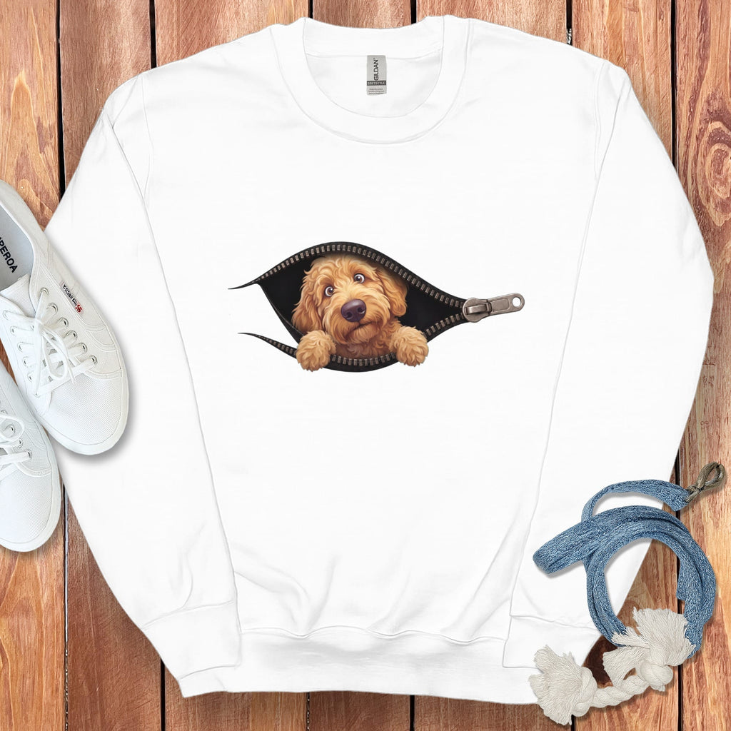 Apricot Goldendoodle Peeking Zipper Sweatshirt in White / S by Puppy Jo