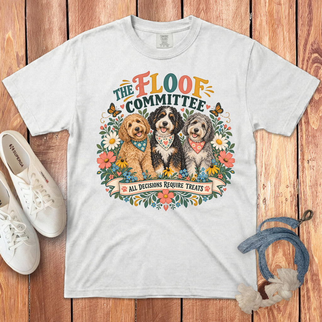 T-shirt with three dogs and text "The Floof Committee All Decisions Require Treats".
