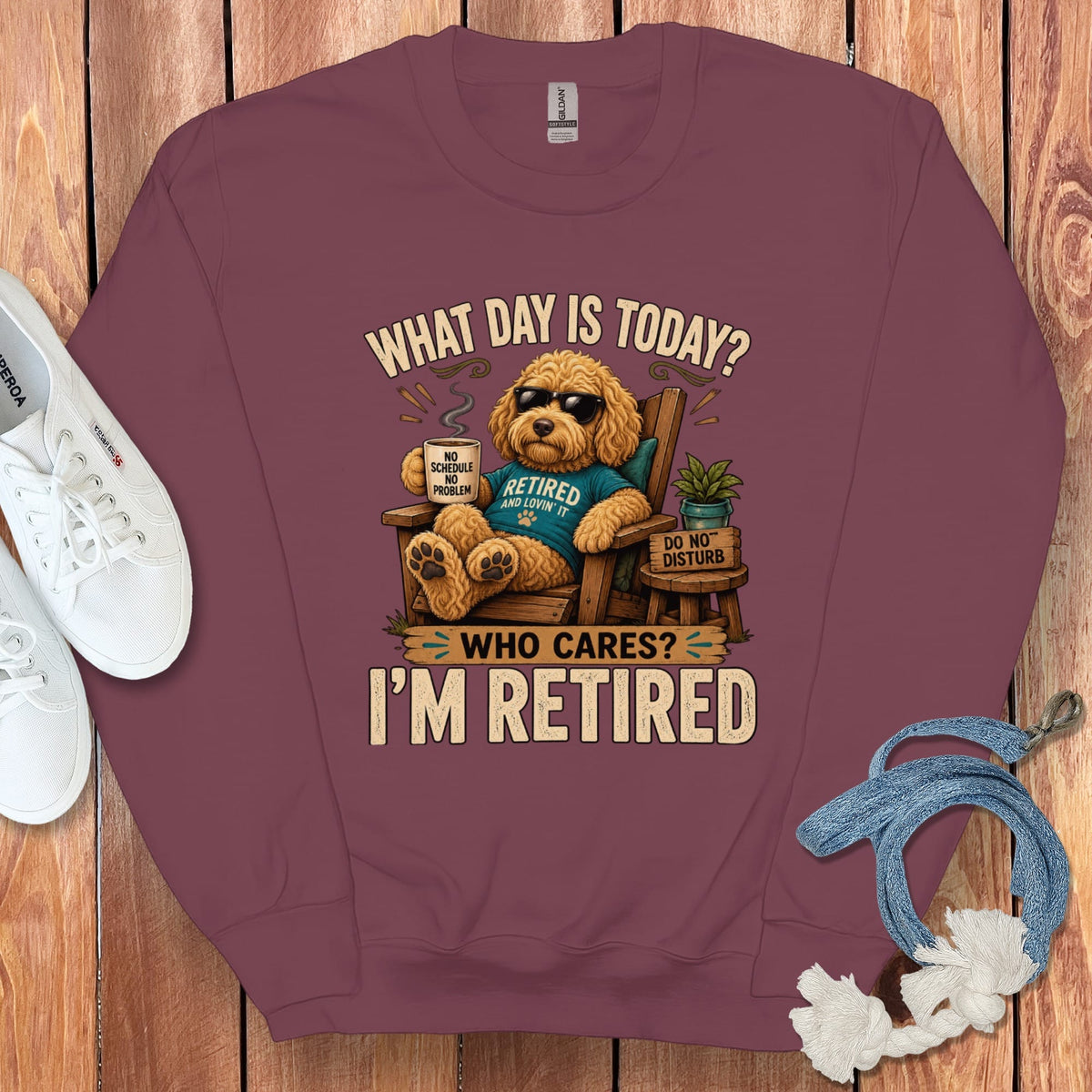 I'm Retired Golden Goldendoodle Sweatshirt in Maroon / S by Puppy Jo