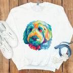 Colorful Geometric Dog Art Design on White Pullover