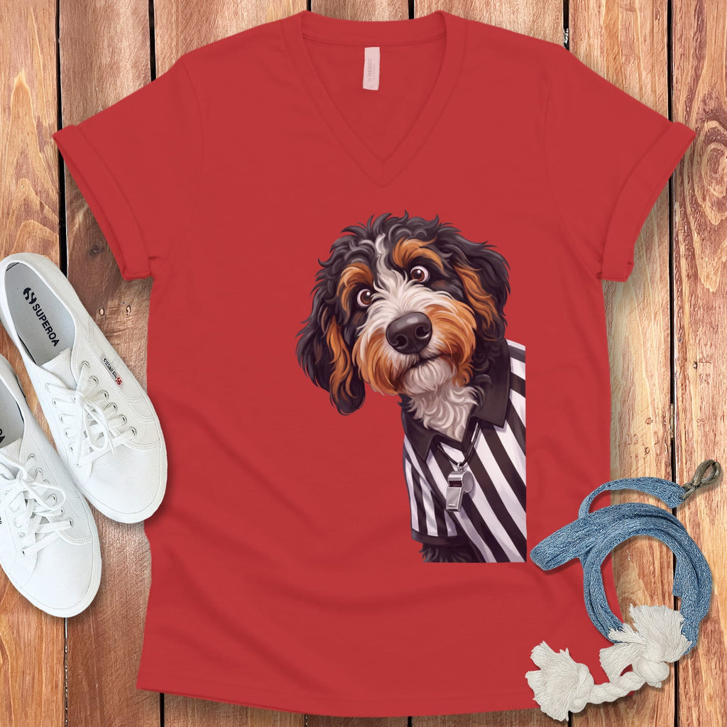 Bernedoodle Football Referee V-Neck T-Shirt in Red / S by Puppy Jo